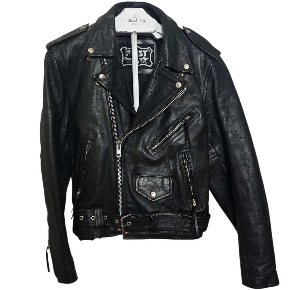 Vintage First Genuine Black Leather Biker Jacket Sz 38 S/M 80s Punk Rock Moto